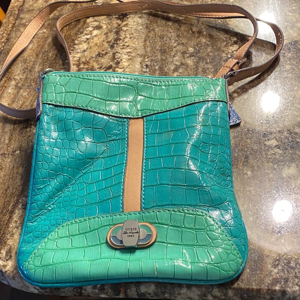 GUESS Turquoise and Beige Croc-Embossed Crossbody Bag